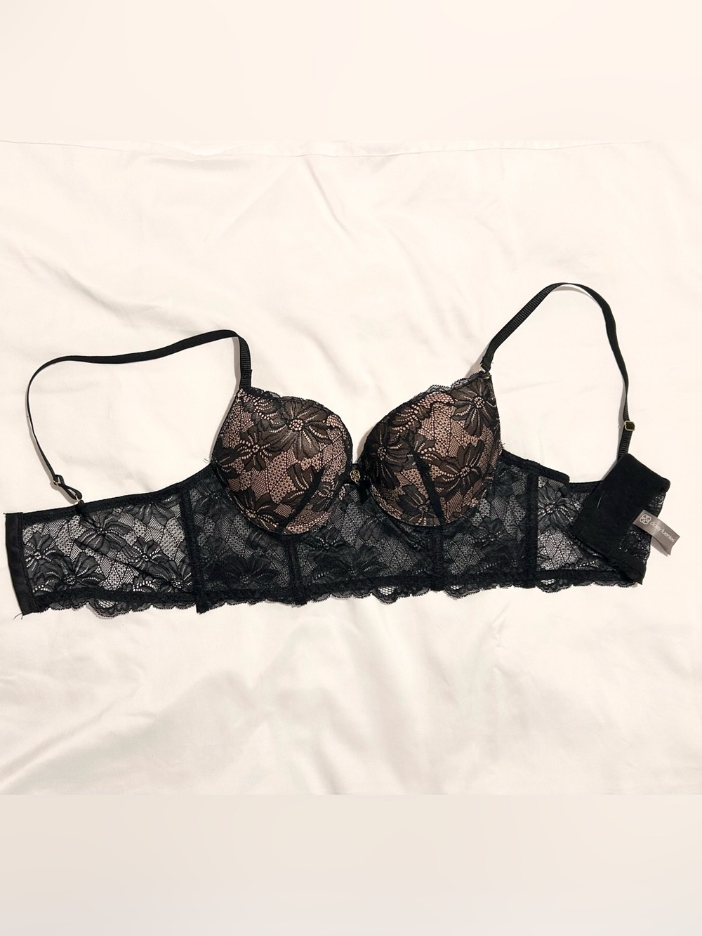 Daisy Fuentes Black Lace Longline Bra with Nude Cups